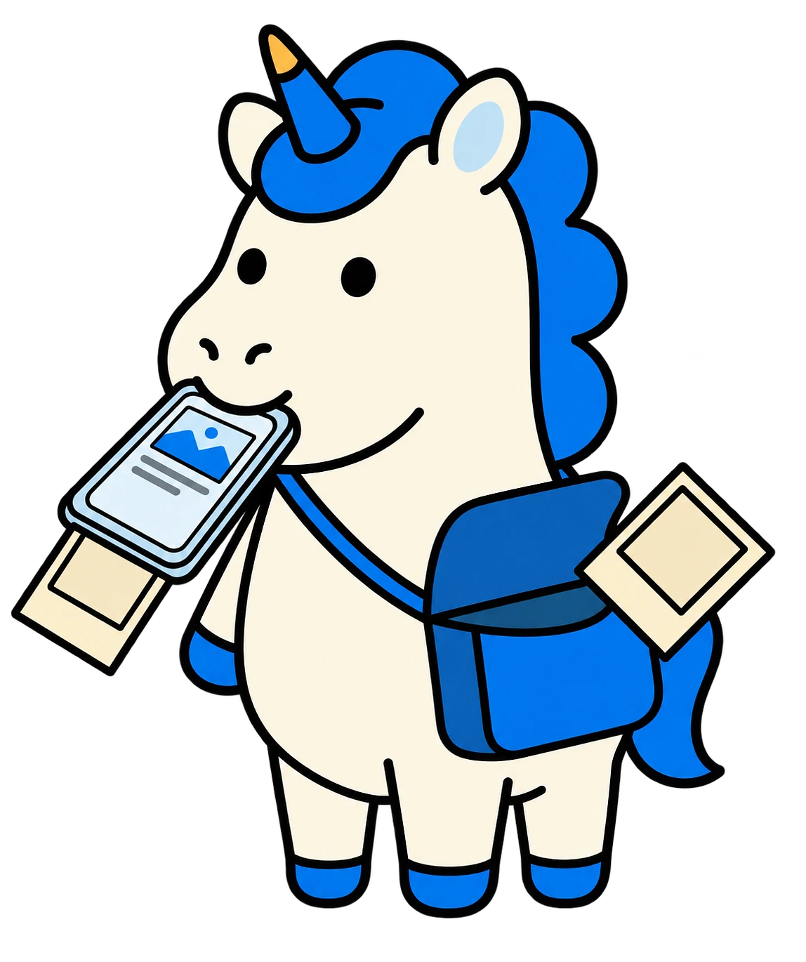 Picazor unicorn mascot pulling a photo download out of a Facebook post