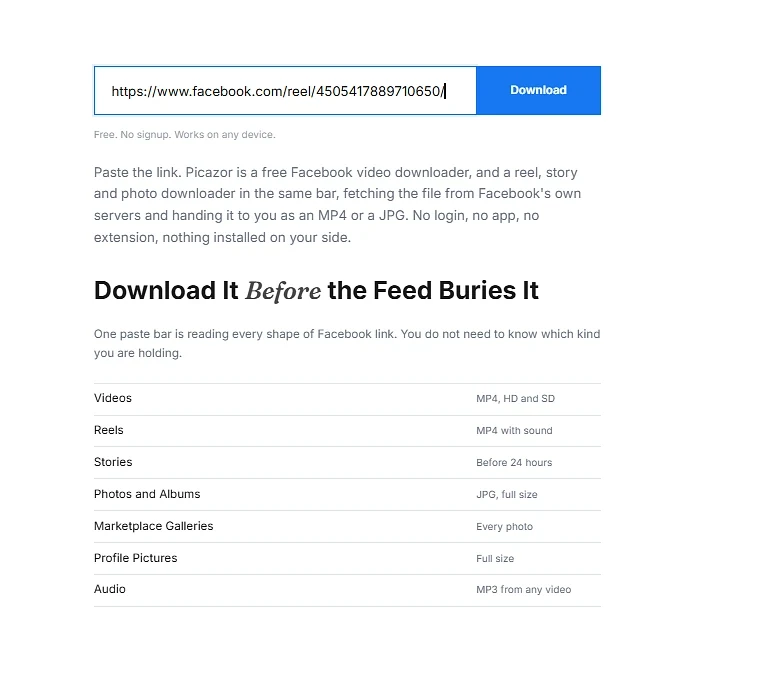Paste a Facebook link into the Picazor download bar