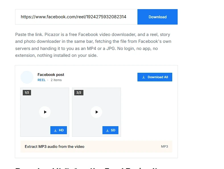 Download buttons for a Facebook video in HD and SD