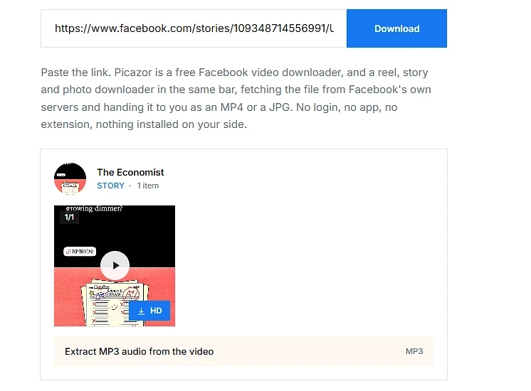 Picazor story downloader listing every active Facebook story